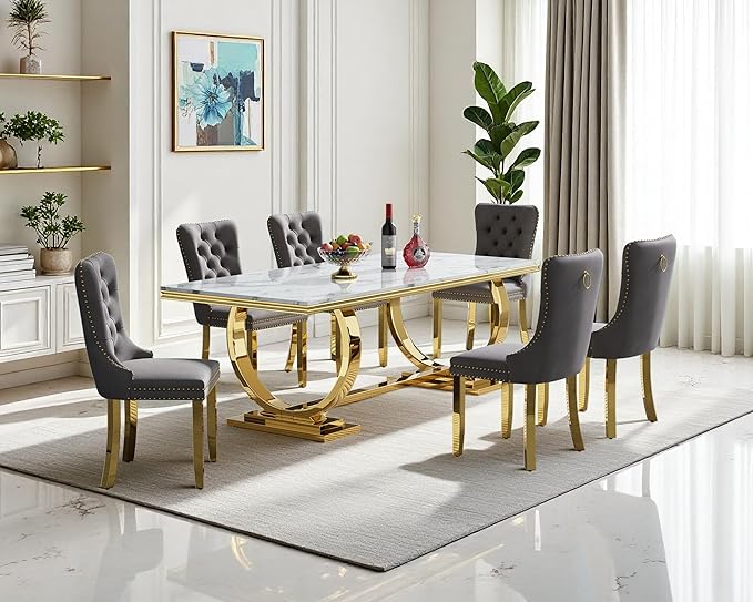 Goujxcy 68" Faux Marble Dining Table Set for 6, 7-Piece Dining Set with White Gold Kitchen Table and 6 Velvet Tufted Chairs, Modern Rectangular Dining Room Table with O-Shape Stainless Steel Base