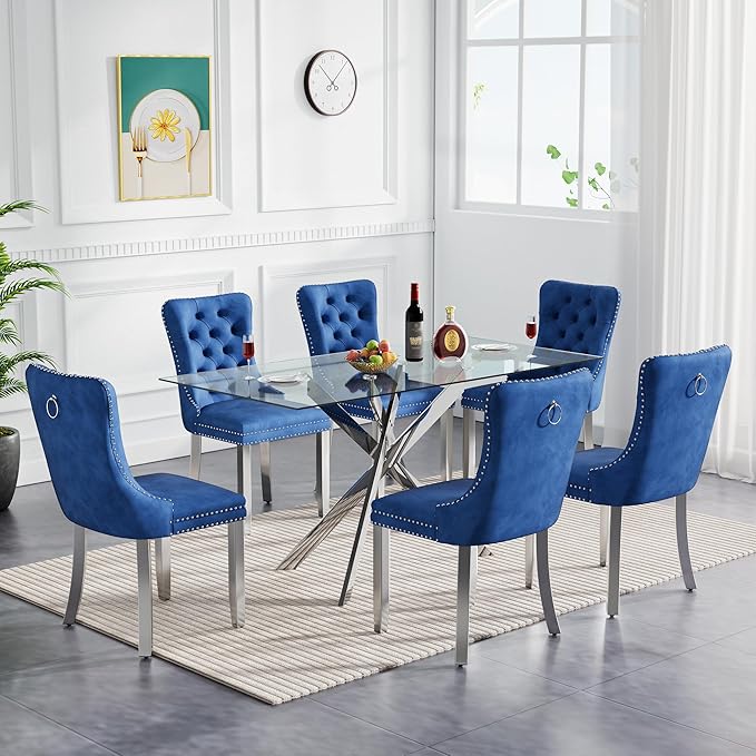 Goujxcy Glass Dining Table Set for 6, Modern Kitchen Table and Chairs Set of 6, 7-Piece Kitchen Dining Room Table Set w/61 Glass Silver Dining Table and 6 Blue Velvet Upholstered Chairs