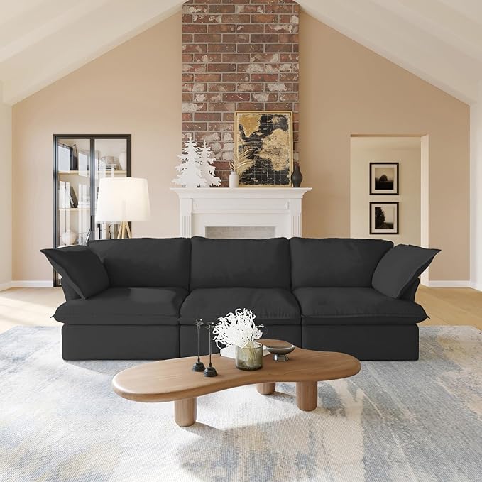 WJShome 122.82" Cloud Modular Sectional Sofa, Modern Comfy Couch Filled with Down, Minimalist Wide Deep Seat Couches for Living Room Apartment Lounge Bedroom (Black, 3 Seater)