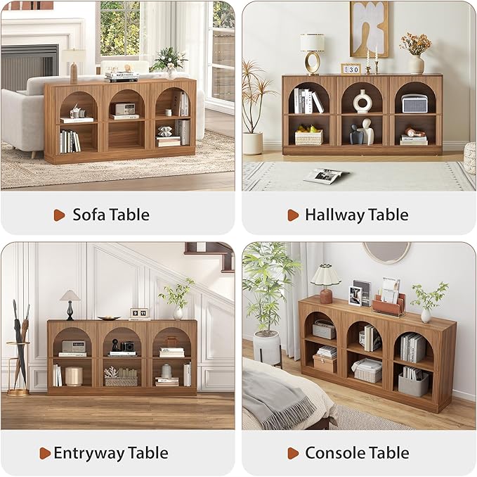 Console Table with 3-Tier Open Storage, 63" Arched Entryway Table with Carved Fluted Panels, Rectangular Wooden Sofa Table for Living Room, Hallway, or Behind Couch (1, Walnut)
