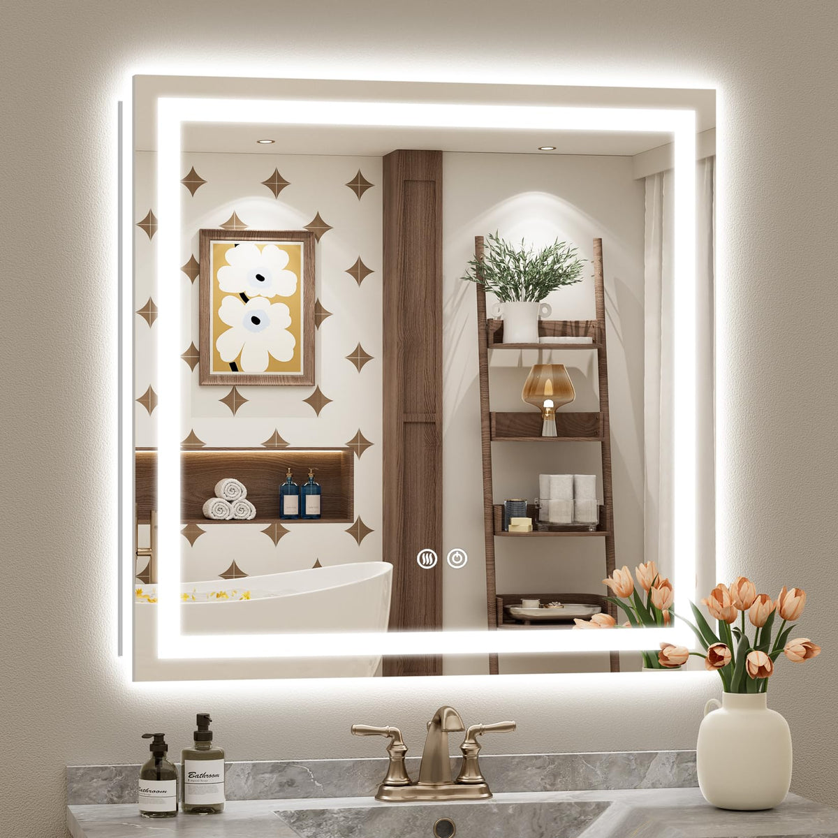 VEEYLOS 32x32 Inch LED Bathroom Mirror with Lights, Backlit & Front Lit