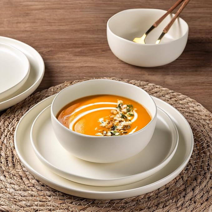 AmorArc Ceramic Dinnerware Sets, Wavy Rim StonewarePlates and Bowls Sets, Highly Chip and Crack Resistant | Dishwasher & Microwave & Oven Safe Dishes set, Service for 6 (18pc)