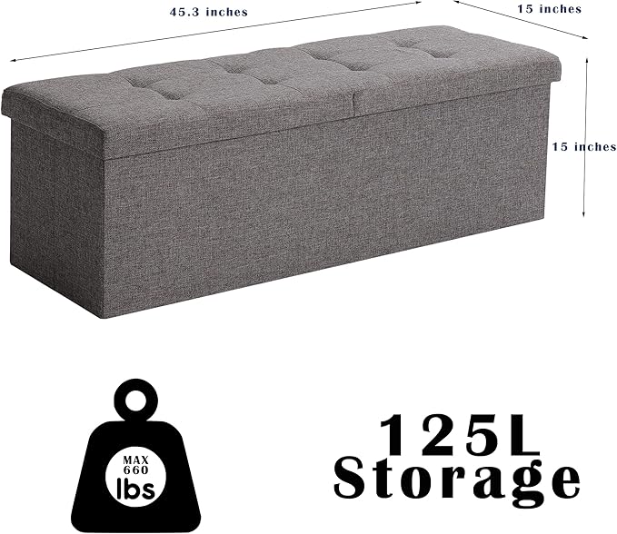 CUYOCA 45.3 Inches Storage Ottoman Bench Foldable Seat Footrest Shoe Bench End of Bed Storage with Flipping Lid, 166L Storage Space, Linen Fabric Sandy Beige
