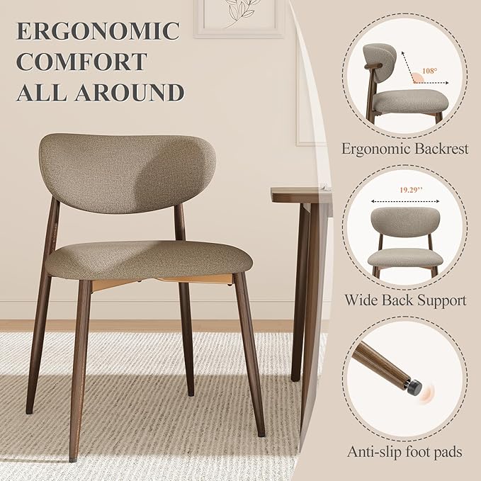 Dining Chairs Set of 4, Upholstered Dining Room Chairs with Metal Legs and Anti Slip Pads, Curved Back Kitchen Chair for Home and Restaurant Use, Camel