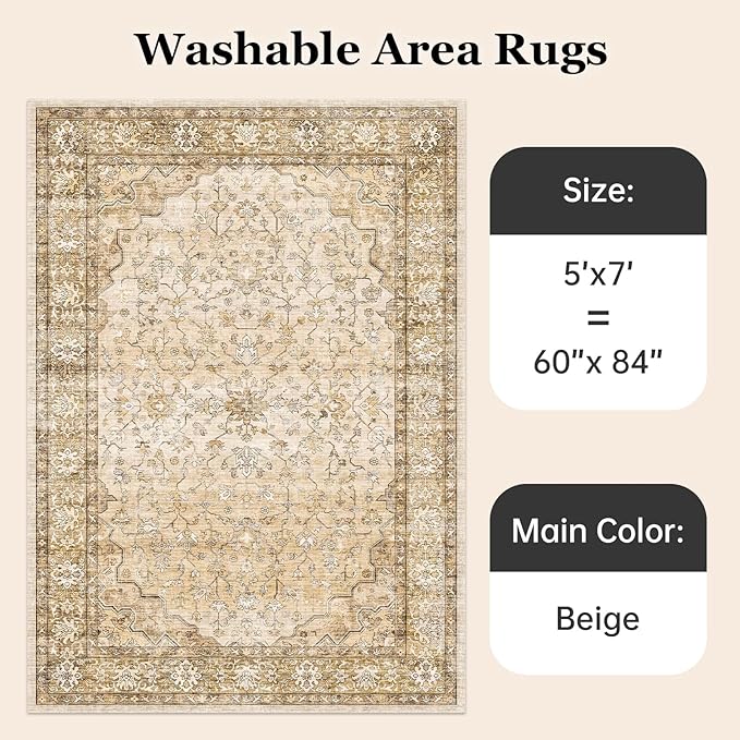 Natural Beige Area Rugs 5x7 Indoor Vintage Trellis Living Room Rug Washable Low Pile Soft Faux Fur Non Slip Sound Absorbing Tan Boho Floral Carpet Rugs for Bedroom Office Patio Dining Room Bathroom