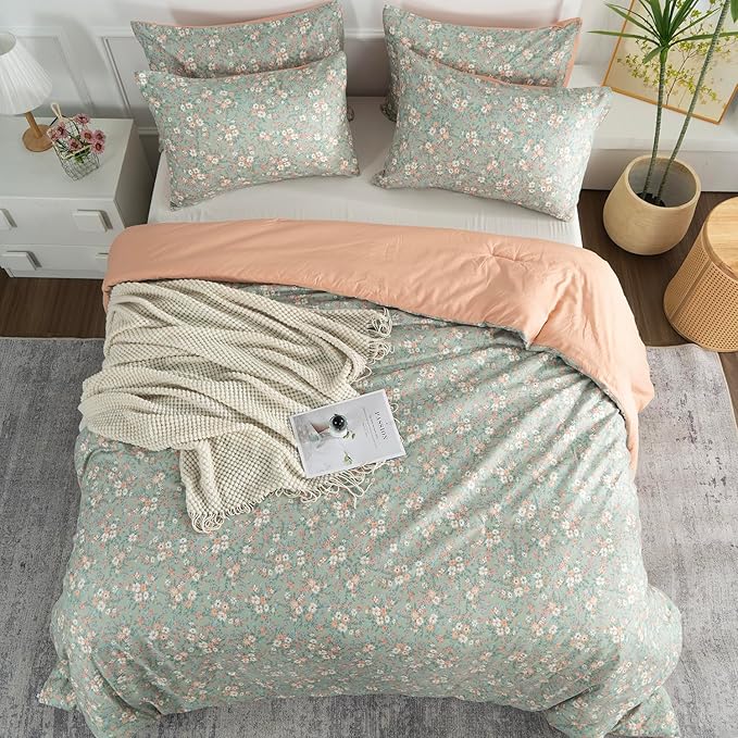 Floral Queen Comforter Set 3 Pieces Soft Chic Garden Style Vintage Floral Print Lightweight Botanical Flower Comforter Set for All Seasons 1 Comforter and 2 Pillowcases (Queen)