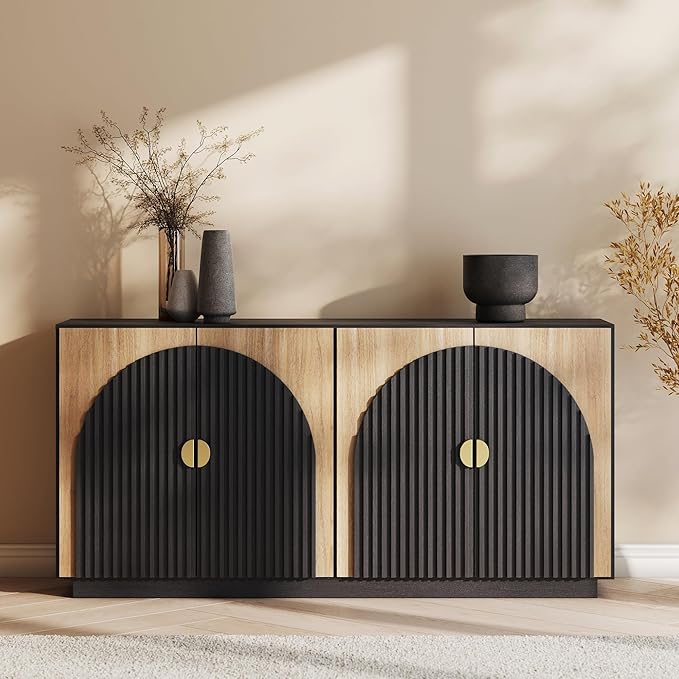 BELLEZE Set of 2 Fluted Buffet Cabinet with Storage, 65 Inch Symmetrical Arc Accent Sideboard Large Console Table for Dining Room, Kitchen, and Living Room (Camel)