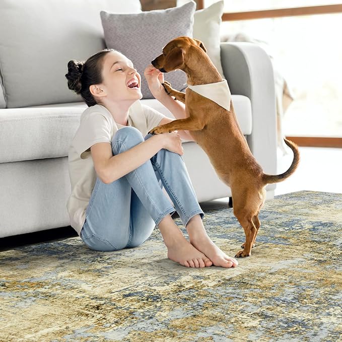 Area Rug Living Room Rugs - 8x10 Modern Abstract Soft Indoor Neutral Washable Rug Stain Resistant Non-Slip Low Pile Carpet for Bedroom Dining Room Home Office - Blue/Grey/Yellow