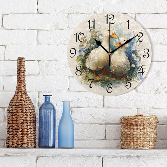 Wall Clock Watercolor Duck Silent Non-Ticking Decorative Round Wall Clocks Battery Operated for Office Home Living Room Kitchen Bedroom 10 Inch