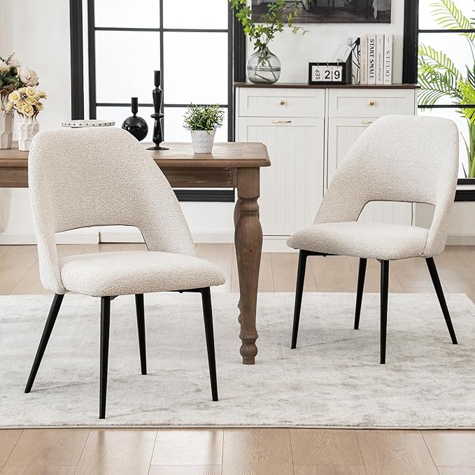 Rowill Dining Chairs Set of 4 Upholstered Dining Room Chairs Mid Century Modern Dining Chairs Kitchen Chairs Accent Chair with Metal Legs for Living Room Bedroom, Boucle Fabric Beige