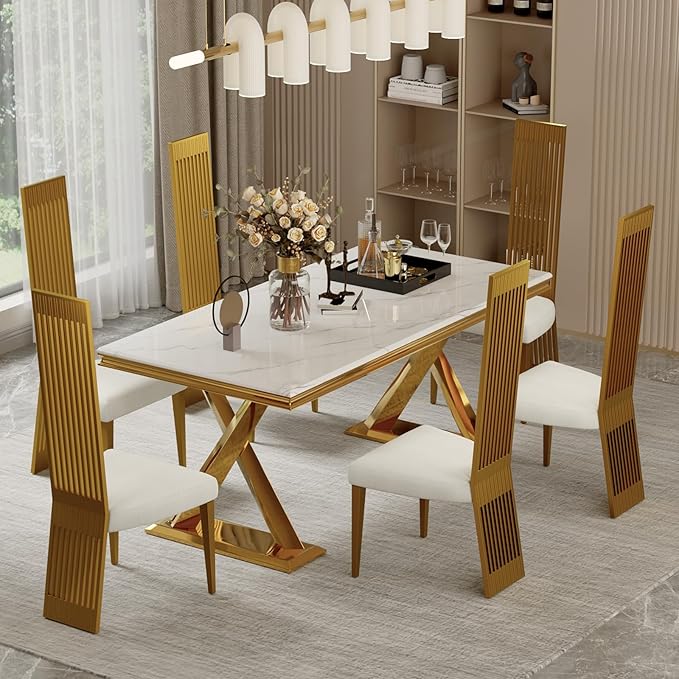 Modern Dining Chairs Set of 6, White Sponge Dining Room Chairs with Brushed Gold Stainless Steel Legs, Upholstered Chairs with High Back and Metal Legs for Living Room/Kitchen/Restaurant