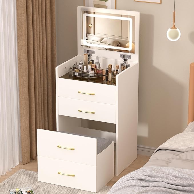 Ball & Cast 3-in-1 Vanity Desk with Flip Mirror & Glass Desktop,3 Dimmable Colors Light Compact Makeup Vanity Table Set w/3 Deep Drawers,Adjustable Brightness Dressing Table for Women Girls Bedroom
