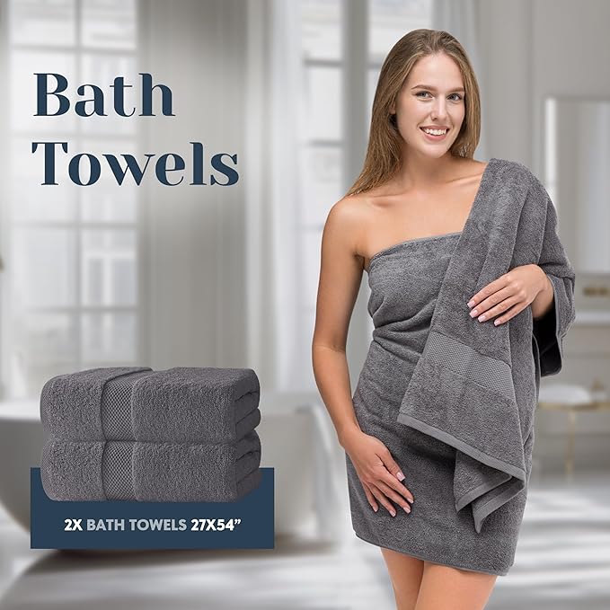 White Classic Luxury Bath Towel Set of 8 Pieces - 100% Turkish Cotton Highly Absorbent Towels for Bathroom, 2 Luxury Bath Towels 700GSM, 2 Hand Towels, 4 Washcloths, Dark Gray