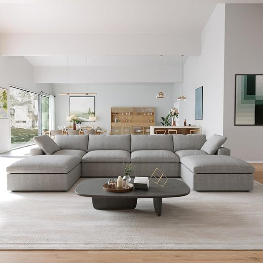 JACH U-Shaped Couches for Living Room, 6-Seats Modular Convertible Sectional Sofa Couch, Couch Cushion Covers Removable, Comfy Sofas with Chaise Ottomans for Apartment Bedroom Office (Grey)