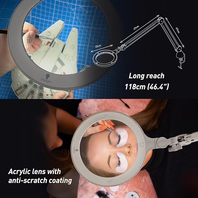 Omega 7 LED Magnifying Lamp – 7" Acrylic Lens, 3 Diopter (1.75X) Magnification, 6,300 Lux at 6”, 4 Brightness Levels, Adjustable Arm, Professional-Grade Light for Precision Tasks