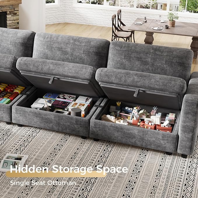 KKL Modular Sectional Sofa Couches for Living Room, 113" Sofa Couch with Adjustable Backrest, Chenille 3 Seater Sofa Couch with Comfy Cushion, Chenille, Grey