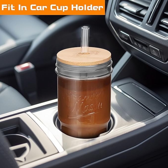 ANOTION Glass Cups with Lids and Straws, 24 oz Travel Coffee Mug Wide Mouth Mason Jar Iced Coffee Cup Smoothie Cup Glass Tumbler Tea Cup Clear Cups Cute Water Cups Drinking Glasses 3 Packs