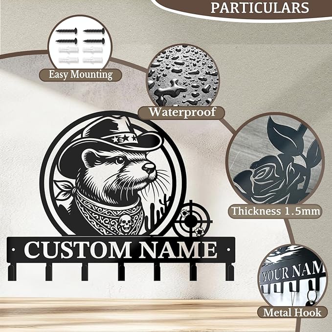 Custom Western Cowboy Metal Iron Key Hooks,Personalized Name & Text Engraving,Decor Wall Keys Holder for Home Entryway (Style C)