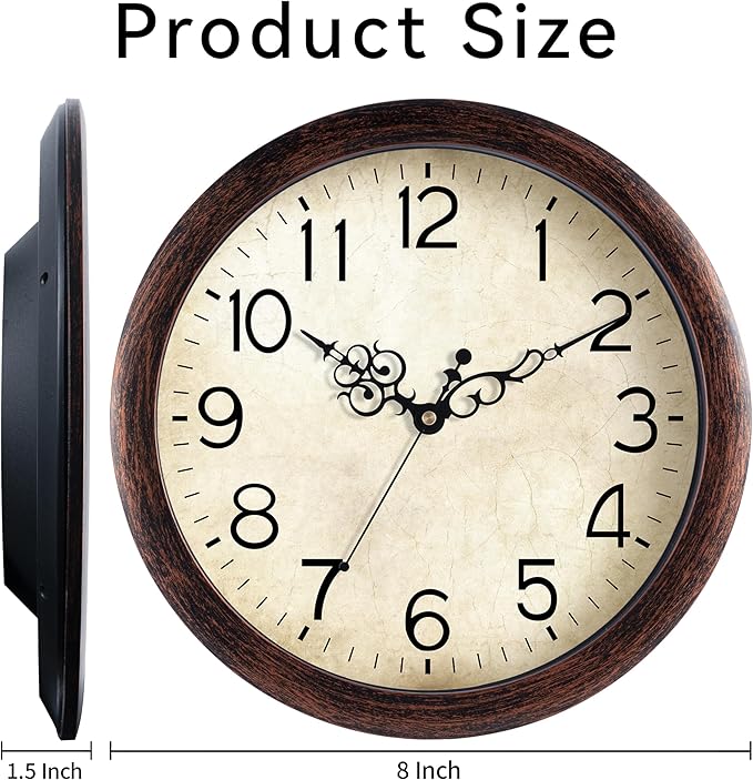 Wall Clock, Vintage Wall Clocks Battery Operated Quartz Silent Non-Ticking 8 Inch Retro Rustic Style Clock Decorative for Kitchen,Bathroom Home Office (Bronze)