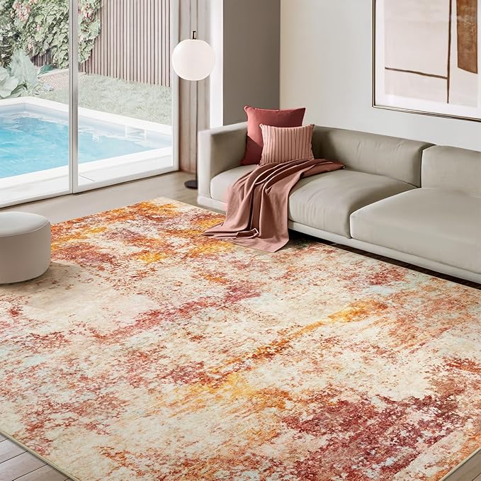 Area Rug Living Room Rugs - 8x10 Washable Modern Neutral Abstract Rugs Soft Low Pile No Slip Stain Resistant Rug Indoor Large Carpet for Bedroom Dining Room Nursery Room Home - Pink/Orange