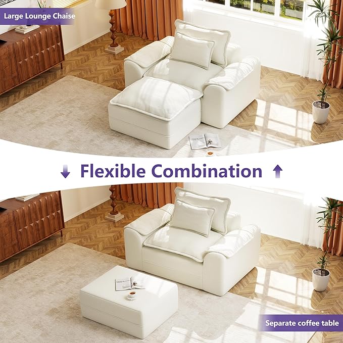 Hobestluk Cloud Single Sofa with Ottoman Memory Foam Couch with Deep Seat L Shaped Sofa with Removable Cover Large Couch for Living Room (Beige, Single Sofa with One Ottoman)