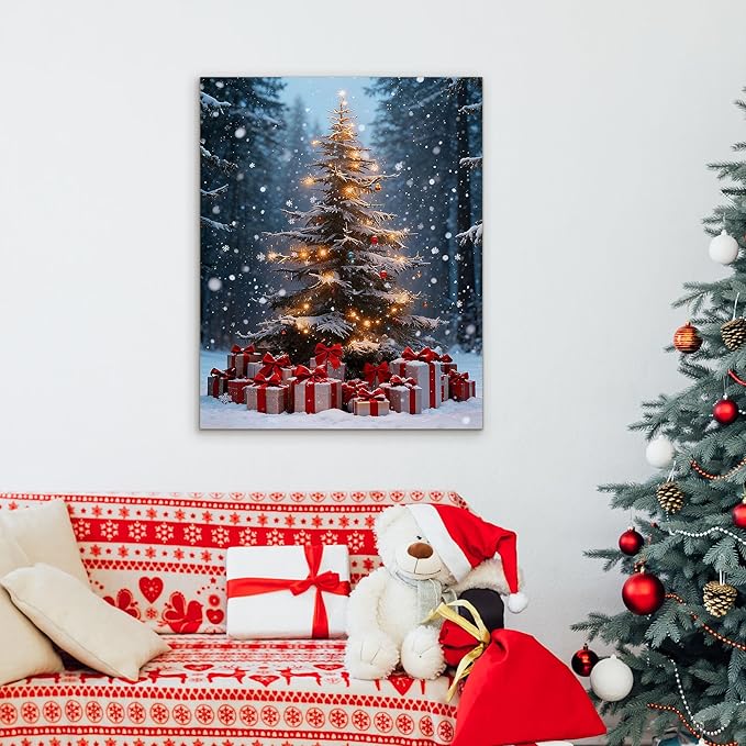 Framed Christmas Pictures Wall Decor,Vintage Pine Tree Prints,Winter Christmas Canvas Wall Art Decoration for Bedroom Bathroom Living Room Rustic Xmas Holiday Gifts (Christmas Tree 14, 16'' X 24'')