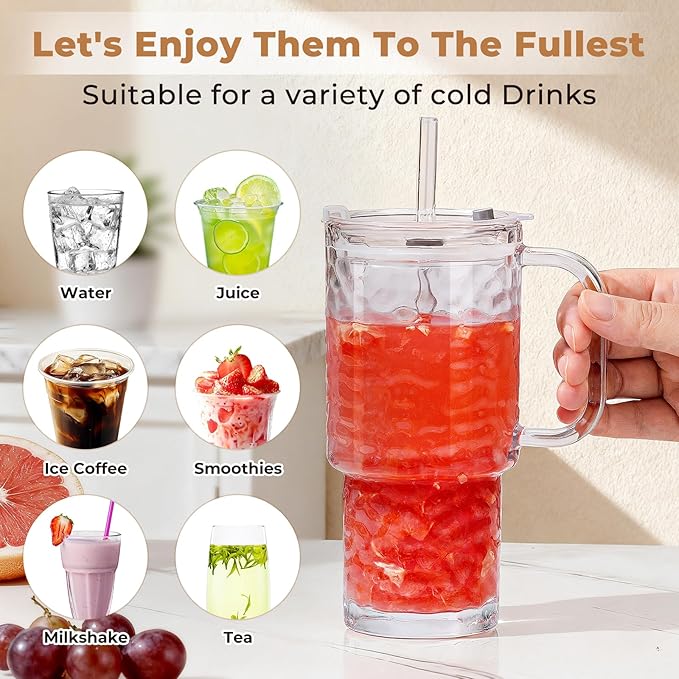 17oz Water Glass Tumbler with Handle & Lid, Reusable Iced Coffee Cups with Straws – Set of 2, Glass Cups Travel Mug for Smoothies, Juice, Coffee, Tea