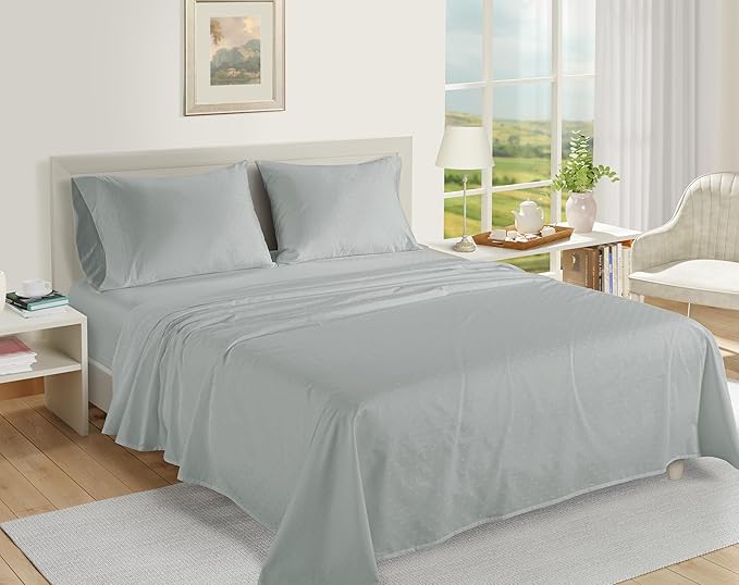100% Egyptian Cotton Sheet Set Queen Size – Silky Sateen Weave Queen Sheet Set for Winter Sleep Comfort, 15" Snug Fit Deep Pocket, Breathable Hotel-Quality Soft Luxury You Can Feel - Swiss Dot Mineral