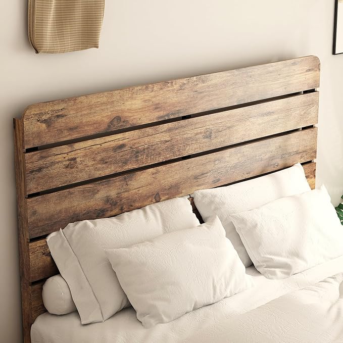 King Size Bed Frame with Wooden Headboard and Footboard, Rustic Platform Bedframe, Wood Slats Support, No Box Spring Needed, Under Bed Storage, Easy Assembly, Brown