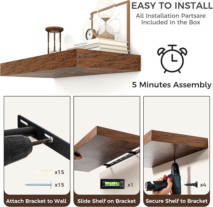 Floating Shelves for Wall, 72 Inch Wide x 12 Inch Deep Floating Shelves, Long Wood Floating Wall Shelf Shelves for Living Room Bathroom Bedroom Kitchen Home - (Brown, 72" W x 12" D x 2" H)