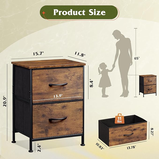 WLIVE Night Stand, Small Dresser with 2 Drawers & Wooden Top, Nightstand with Fabric Bins, Bedside Table End Table for Bedroom, Closet, Entryway, College Dorm, Rustic Brown