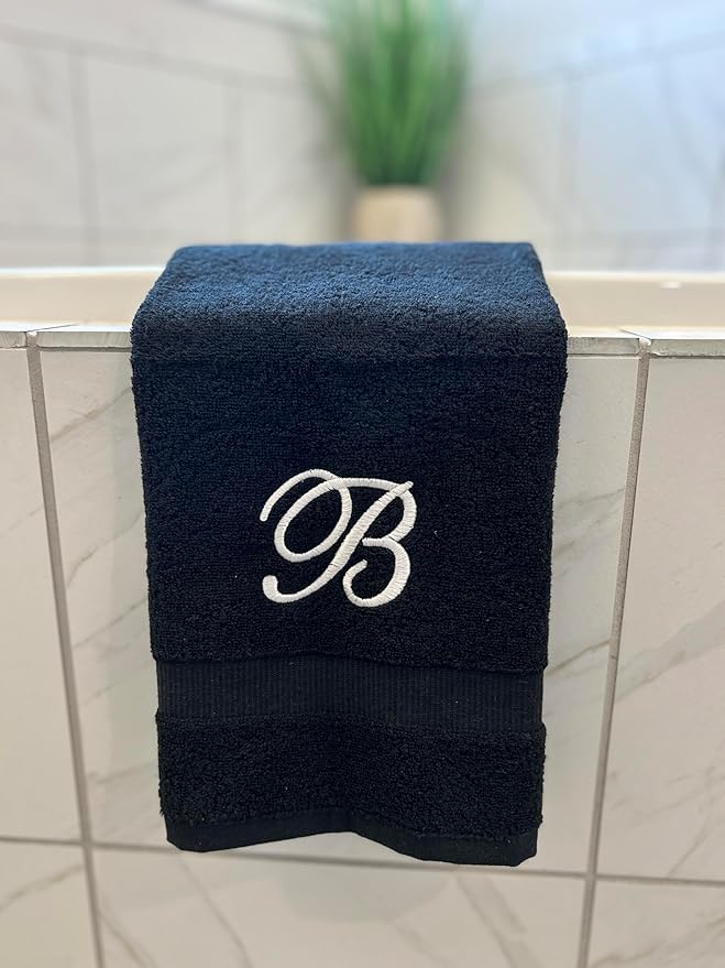 Black Monogrammed Hand Towels for Bathroom - Luxury Hotel Quality Personalized Initial Embroidered Towel for Powder Room, Spa - GOTS Organic Certified - Set of 2 White Letter T