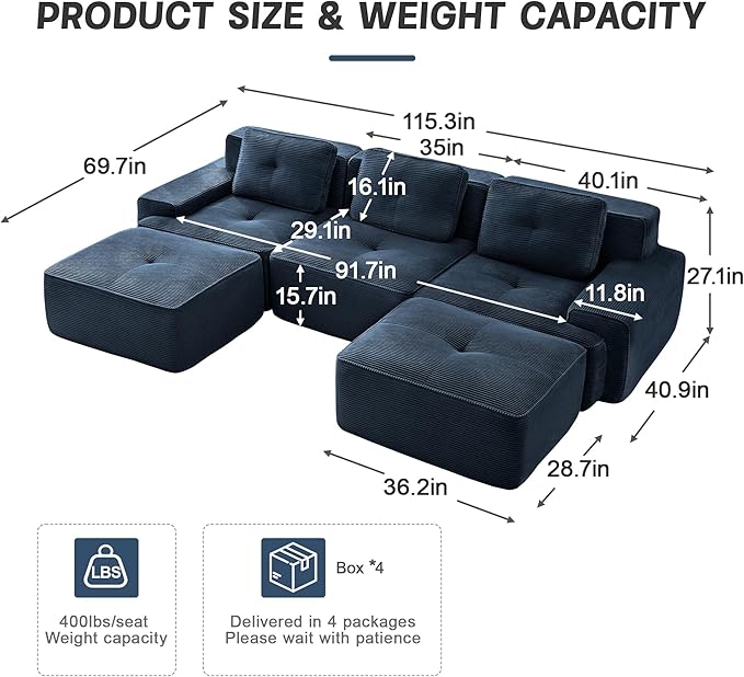 115" Modern Corduroy Cloud Sofa with Ottoman, U Shaped Boneless Modular Large Sectional Couches for Living Room, Blue 3 Seater Compressed Memory Foam Couch, Extra Deep Seat, No Assembly