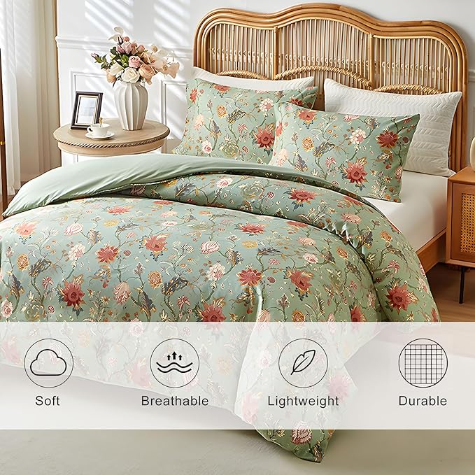 EAVD Vintage Garden Floral Comforter Set Twin XL Green Soft Microfiber Chic Vibrant Floral Bedding Comforter Set 1 Twin XL Bed Comforter and 2 Pillowcases Fresh Botanical Comforter Set for All-Season