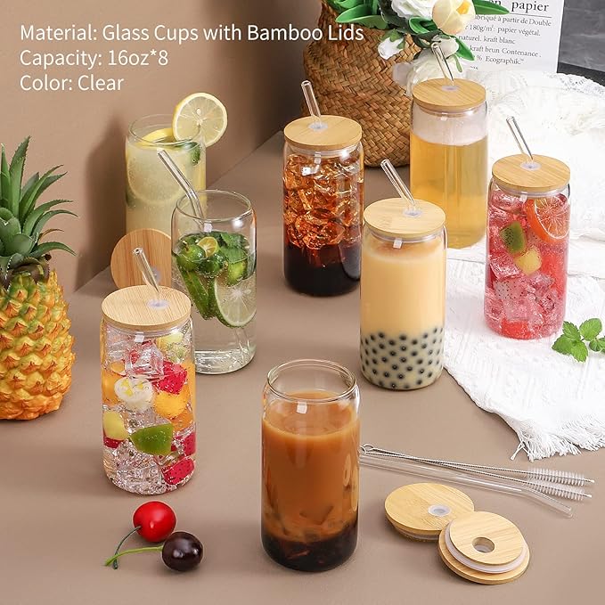 Glass Cups with Lid and Straw, 16oz Beer Glasses Glass Coffee Cups, Iced Coffee Cups with Lid, Glass Tumbler with Straw and Lid (8 PACK)