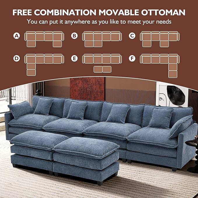 Ihanherry 146" U-Shaped Modern Sofa Modular Sectional Cloud Couch with 2 Ottoman, 6-Seat Chenille Deep Seat Sofa with 6 Pillows for Living Room, Bedroom and Apartment, Blue
