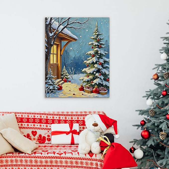 Framed Christmas Pictures Wall Decor,Vintage Pine Tree Prints,Winter Christmas Canvas Wall Art Decoration for Bedroom Bathroom Living Room Rustic Xmas Holiday Gifts (Christmas Tree 21, 16'' X 24'')