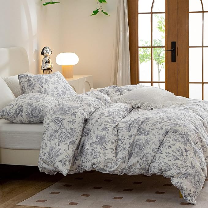 Queen Comforter Set Floral 3 Pieces Soft Bedding Comforter Set Garden Style Vintage Floral Botanical Flower Comforter Set for All Seasons 1 Comforter and 2 Pillowcases (Flower, Queen)
