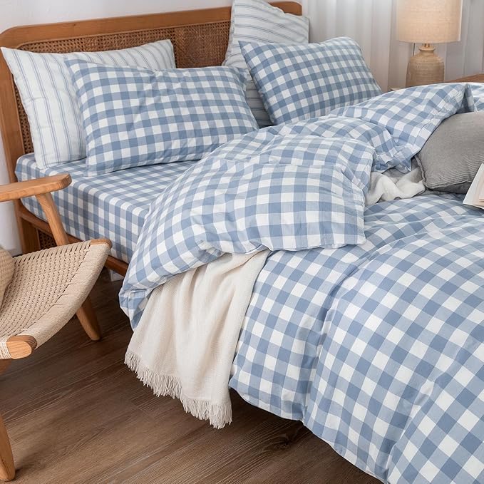 BESTOUCH Duvet Cover Set 100% Washed Cotton Linen Feel Super Soft Comfortable Chic Lightweight 3 PCs Home Bedding Set Cornflower Blue & White Grid Queen