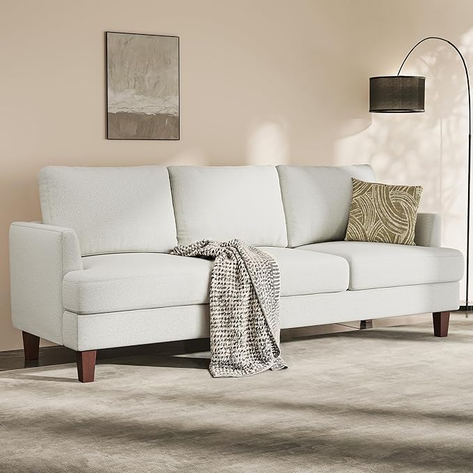 3 Seater Sofa Couch with Deep Seats, 89" Mid Century Modern Upholstered Sofa with Armrests, Comfy Couches for Living Room, Bedroom and Office, Linen Fabric Apartment Couch (Linen Beige)