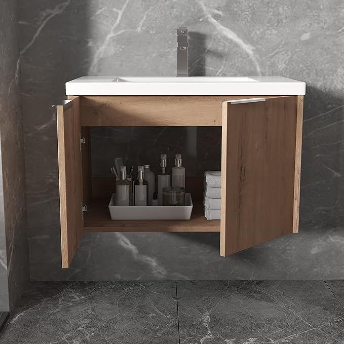 Goujxcy 30" Wall Mounted Vanity With Sink, Modern Floating Cabinet With White Resin Wash Basin & Storage, Soft-Close Door Plywood Hanging Bathroom Cabinet (Imitative Oak)