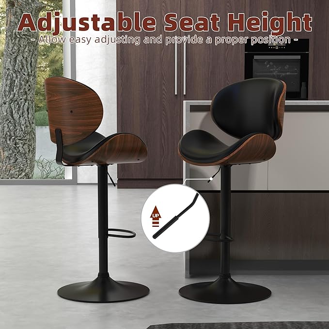 civama Bar Stools Set of 6 for Kitchen Counter, Adjustable Bar Height Chairs, Modern Swivel Barstools with Bentwood Seat and Back with Footrest for Kitchen Island, Dining Room, Black PU Leather