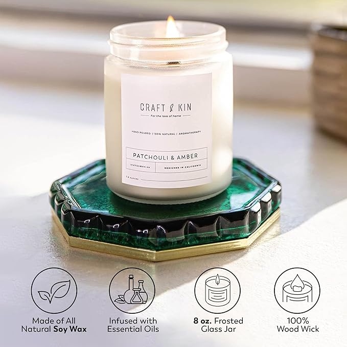 Craft & Kin Patchouli & Amber Christmas Scented Candle | 8 Oz, 45-Hour Long Lasting | Classic Soy with Woodwick Winter Candles | Made with Natural Soy | Holiday Candles Gifts for Men and Women