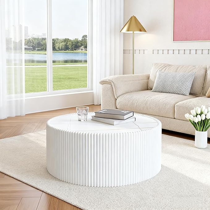 Round Coffee Table Set with Sintered Stone Tabletop, 29.52" White Drum Center Table and 17.71" Black Coffee Table Set, 2 Pieces Living Room Table Set with Fluted PU Leather Cover& Stable Base
