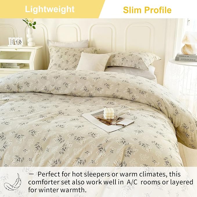 EAVD Boho Floral Comforter Set Full Size Beige Soft Washed Microfiber Bedding Comforter Set with 2 Pillowcases Chic Shabby Garden Floral Botanical Comforter Set for All-Season