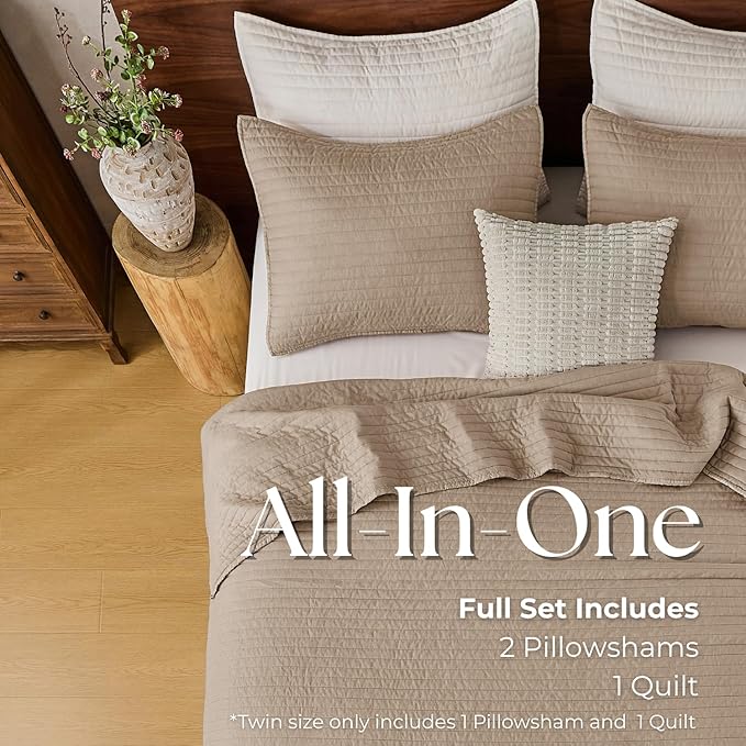 DOWN HOME Queen Quilt Bedding Set with Shams, Vintage Washed Soft Quilted Blanket Thin Comforter Lightweight Bedspread Coverlet Bed Cover, Brushed Microfiber Stripe Stitching, Brown, 86"x90"