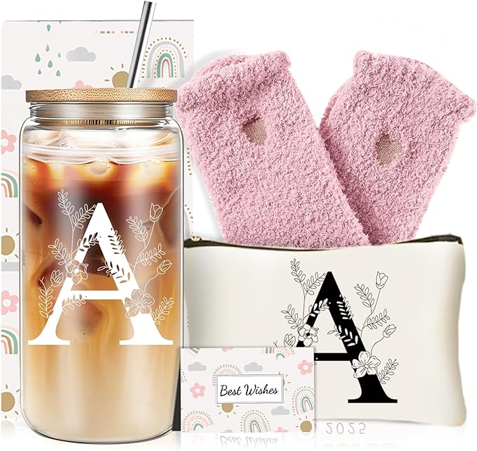Unique Initial Glass Cup with Lids and Straws, Monogrammed Gifts Box Included Makeup Bag, Christmas Birthday Gifts for Women Mom Sister Grandma, A