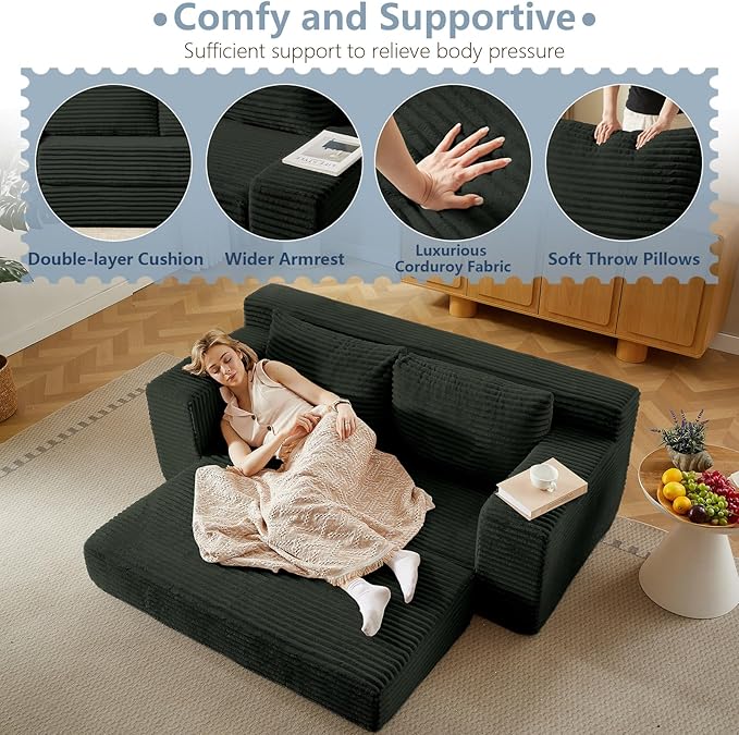 70.87" Loveseat Sofa Bed - Corduroy Upholstered, Comfy Deep Seat & Modern Design - Small Space Friendly, No Assembly Needed - Ideal for Living Room, Bedroom, Apartment, Home Office, Grey