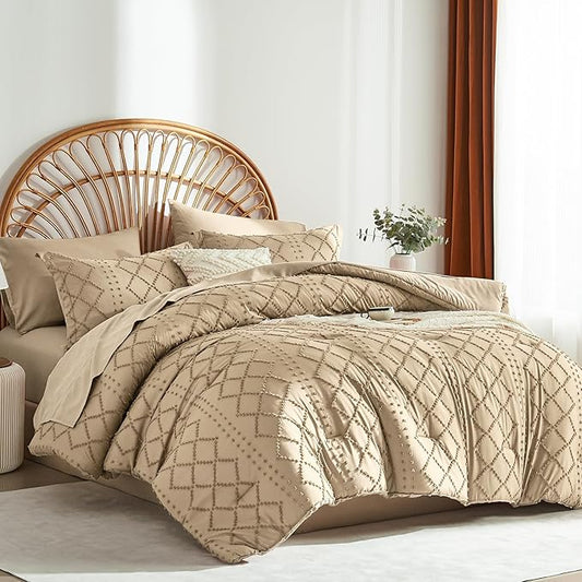 Khaki Tufted Comforter Set King Size 7 Piece Bed in a Bag,Shabby Chic Boho Comforter and Sheet Set,All Season Soft Microfiber Complete Bedding Set(Khaki,102"x90")