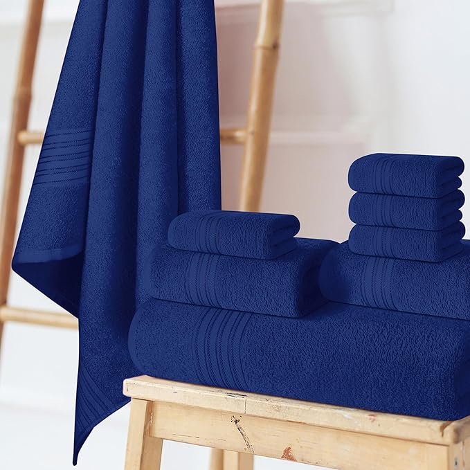 BOUTIQUO 100% Cotton Towel Set, Contains 4 Soft Bath Towel, 6 Hand Towels, 8 Wash Cloths - Compact Absorbent Lightweight & Quickdry Towels for Bathroom - 18 Piece Bathroom Towel Set - Navy Blue